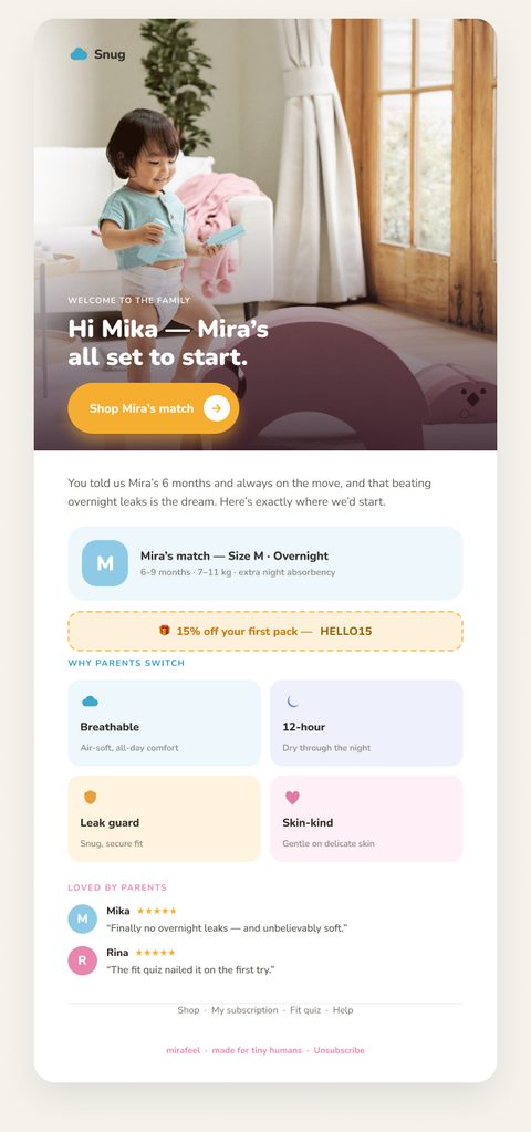 Welcome email for a diaper brand