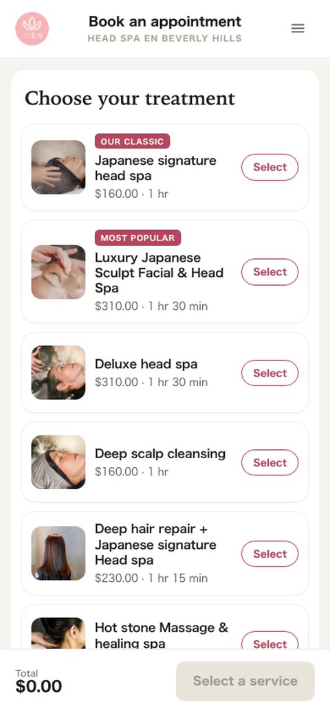 HEAD SPA EN booking form on mobile