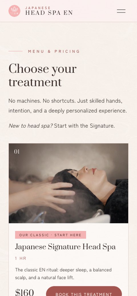 HEAD SPA EN website, treatment menu on mobile
